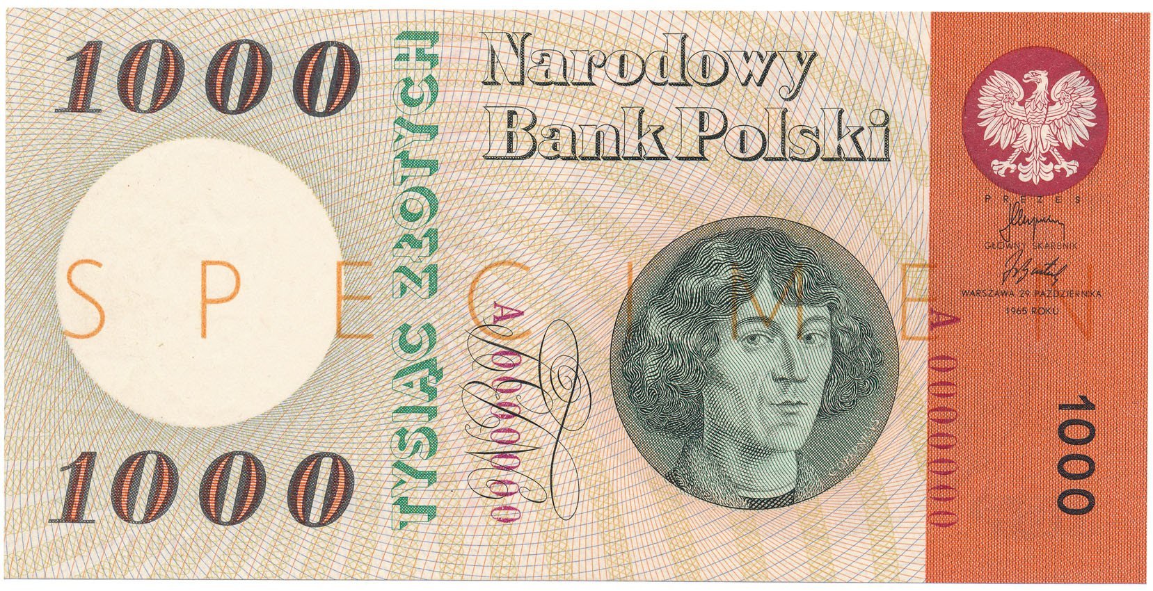 WZÓR / SPECIMEN 1000 złotych 1965 Kopernik seria A 0000000